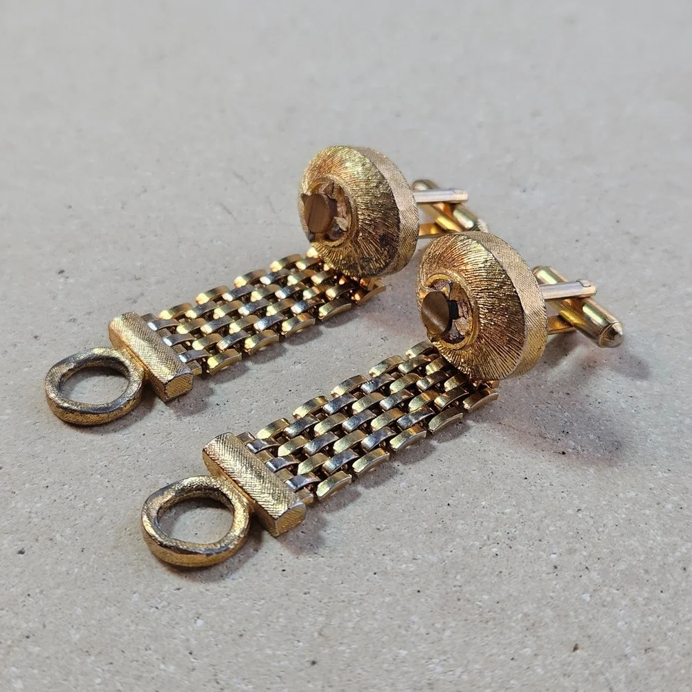 Vintage Gold Tone Mesh Wrap Around Cufflinks Tigers Eye Stone Mid Century 70s
